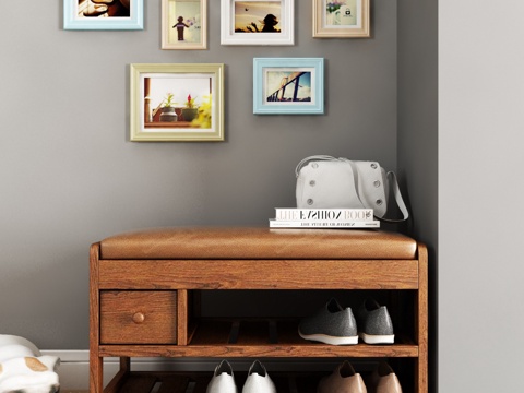  现代木质鞋凳带装饰画3d模型下载 简约鞋架储物家具 浅灰色家居饰品 