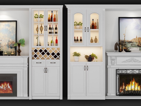  欧式壁炉酒柜组合客厅装饰设计3d模型下载 现代暖色家居 带花瓶植物装饰画 