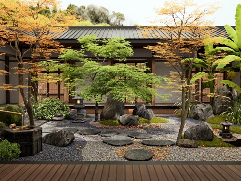  新中式禪意庭院景觀 枯山水 景觀石頭 汀步 中庭造景3d模型 