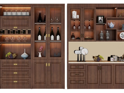  现代中式酒柜组合带照明装饰储物柜3d模型下载 家用多功能橱柜设计 