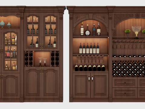  欧式古典酒柜组合3d模型下载 客厅餐厅装饰家具 带玻璃杯架陶瓷罐展示柜 