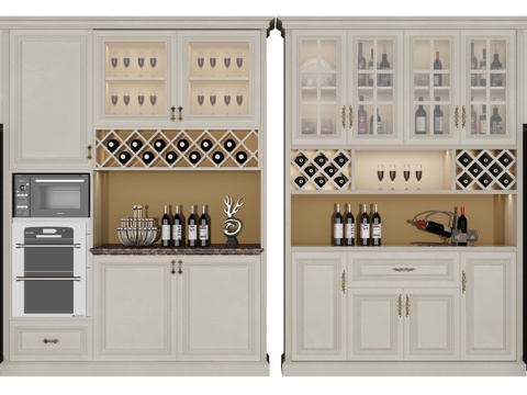  美式简约厨房酒柜组合3d模型下载 嵌入式冰箱微波炉烤箱一体设计 现代装饰 