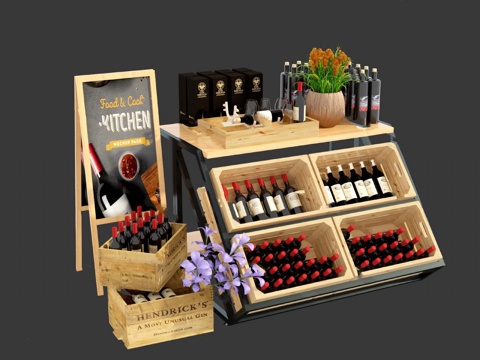  现代乡村木质酒柜展示架3d模型下载 厨房酒瓶收纳架 装饰花束酒架广告牌 