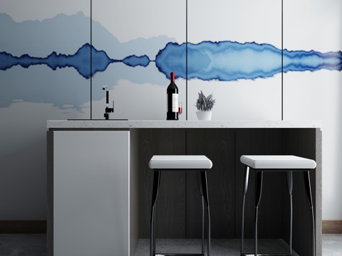  现代中式餐边柜吧台3d模型下载 家庭休闲客厅餐厅家具装饰 抽象水彩背景墙设计 