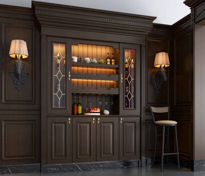  欧式酒柜3d模型下载 玻璃门复古台灯高脚椅家居装饰 典雅酒类展示柜 
