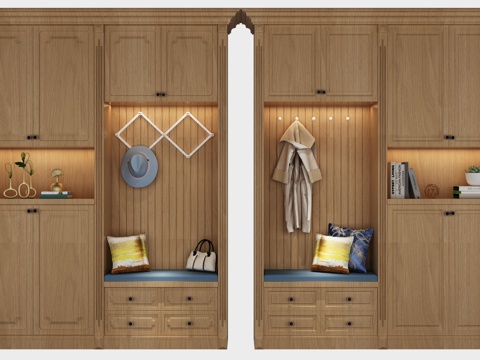  美式现代简约入户鞋柜组合带挂钩坐垫储物柜3d模型下载 木质玄关柜装饰架设计 