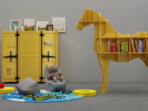  儿童家具组合3d模型下载 黄色柜子蓝色地毯现代装饰柜 个性化马形书架灰色沙发椅 