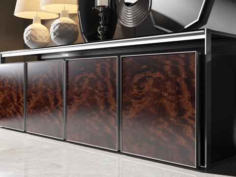  现代深木纹餐边柜展示架3d模型下载 白色编织台灯 黑色高脚花瓶装饰 高端室内设计家具 