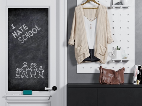  北欧风格鞋柜3d模型下载 现代简约入户玄关设计 带黑板门衣帽间组合 