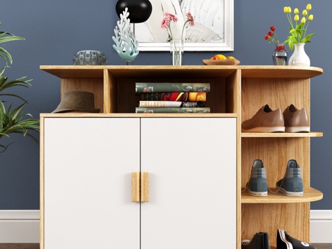  现代简约多功能鞋柜收纳架3d模型下载 带装饰花瓶书架组合家居饰品 