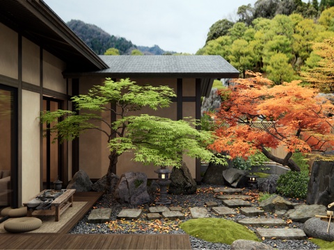  日式庭院花園 枯山水 汀步 景觀石頭 鄉(xiāng)村庭院 紅楓 水缽3d模型 