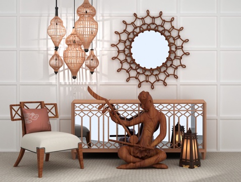  新中式端景柜3d模型下载 现代禅意家具设计 含雕塑灯具组合场景 