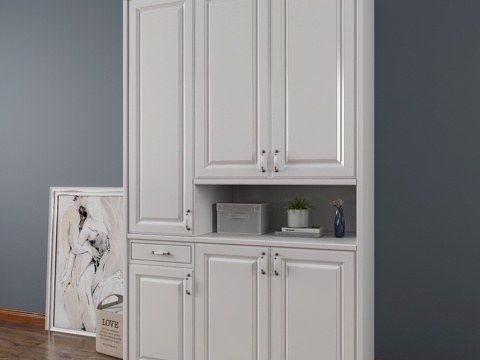  现代白色混油鞋柜3d模型下载 带装饰画绿植简约家居设计 深灰背景墙柜体 