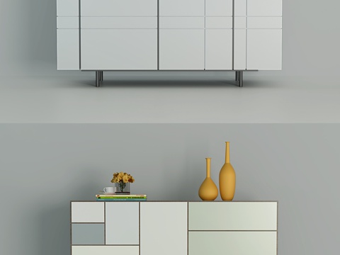  现代简约白色装饰柜组合3d模型下载 客厅书房家居柜体设计 搭配几何花瓶书籍摆件 