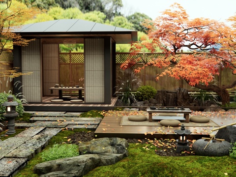  新中式禪意庭院景觀 假山水景 石板路 汀步 亭子 石頭 紅楓3d模型 