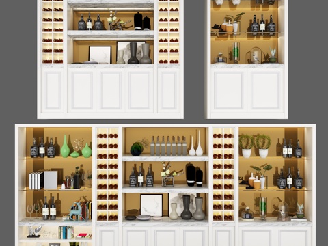  现代风格多层酒柜组合3d模型下载 带绿植书籍装饰架  家居酒窖设计 