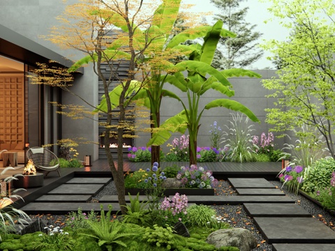  新中式別墅庭院花園 植物景觀 花草 景觀樹 汀步 芭蕉3d模型 