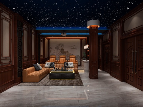  新中式影音室 地下室3d模型 