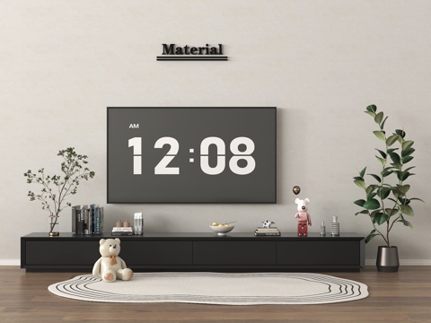  现代电视机 壁挂式电视 落地电视柜 盆栽 摆件su模型 