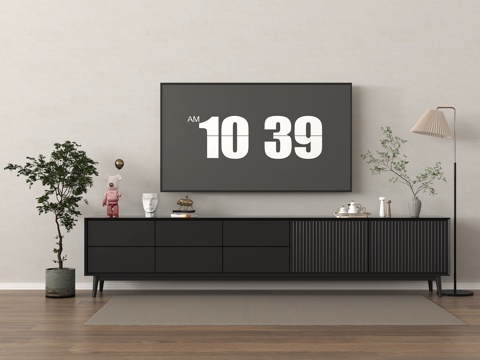  现代电视机 壁挂式电视 落地电视柜 盆栽 摆件su模型 