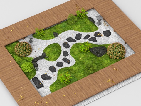  日式禪意庭院小品 景觀造景 微地形 汀步 枯山水 植物組合3d模型 