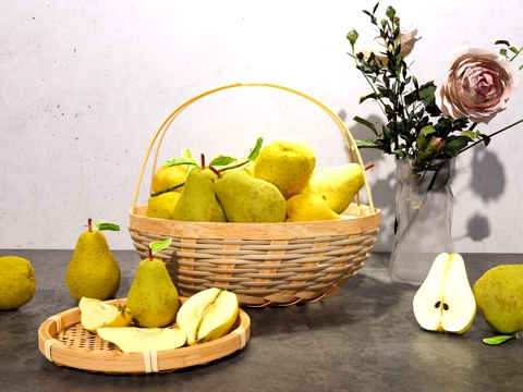  梨子水果篮 竹编果篮 竹篮 雪梨 水果组合 果篮su模型 