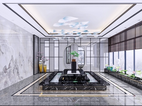  新中式会所大厅3d模型 