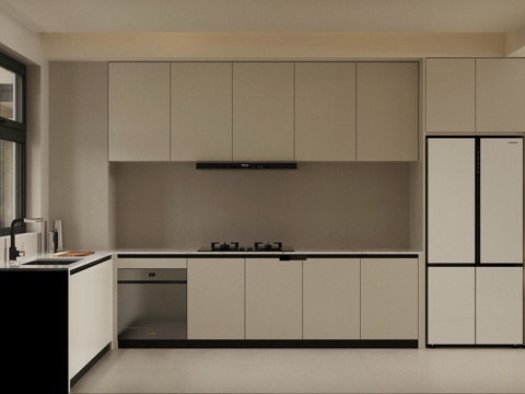  现代极简厨房 黑白灰厨房 开放式厨房 厨房用品组合 U型厨房su模型 