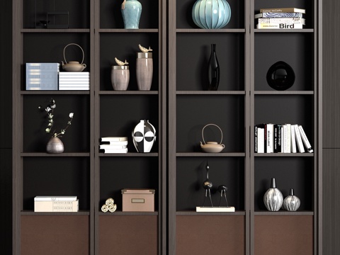  新中式实木书柜 书籍饰品组合3d模型 