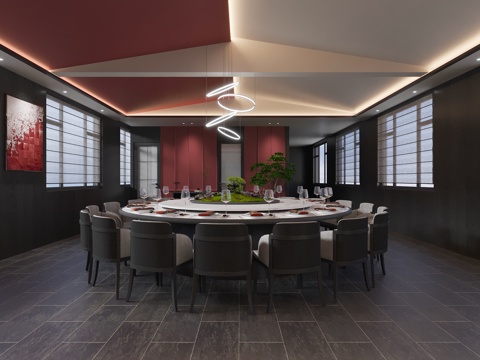  新中式 私人会所 餐饮包间 圆桌 包厢su模型 