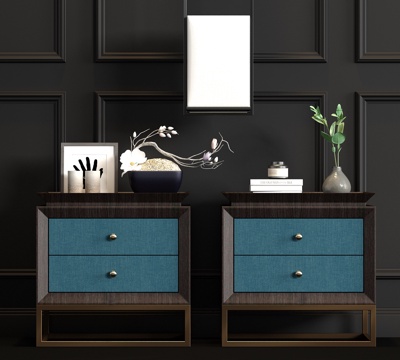  新中式实木床头柜吊灯饰品组合3d模型 