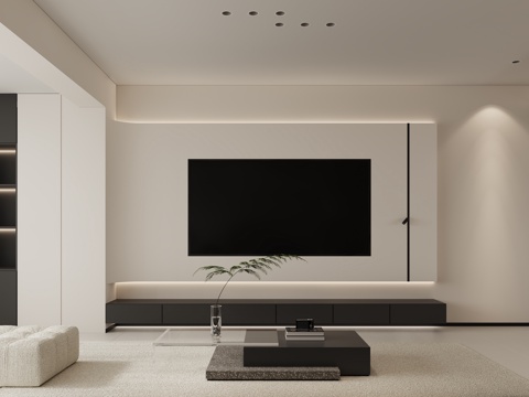  現(xiàn)代極簡黑白灰客餐廳無主燈 電視背景沙發(fā)背景3d模型 
