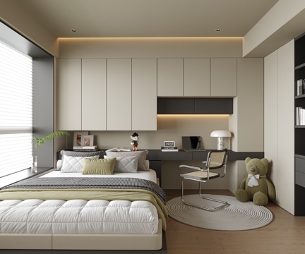 现代榻榻米卧室 榻榻米床 书桌椅su模型