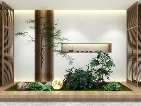  新中式景觀造景 庭院小品 別墅天井植物3d模型 