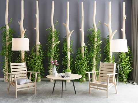  新中式室内景观小品装饰实木户外休闲桌椅组合3d模型 