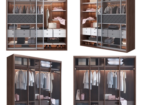  现代衣柜组合 衣柜 衣服 装饰品 服饰 硬包 鞋子3d模型 