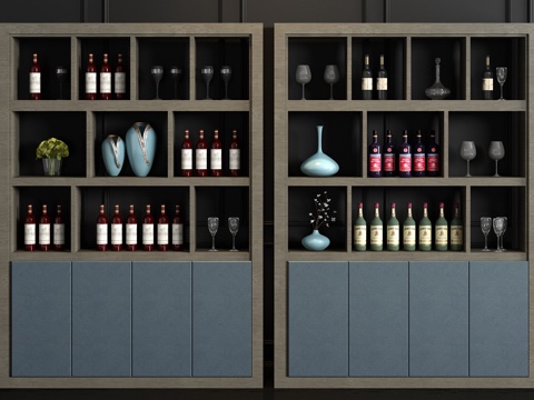  新中式实木皮革酒柜 酒瓶饰品组合3d模型 