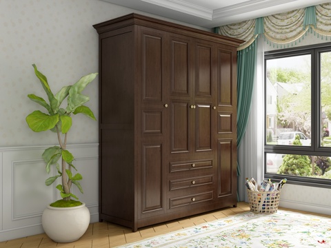  美式田园衣柜 窗户 窗帘 橱柜 植物 地毯 衣柜3d模型 