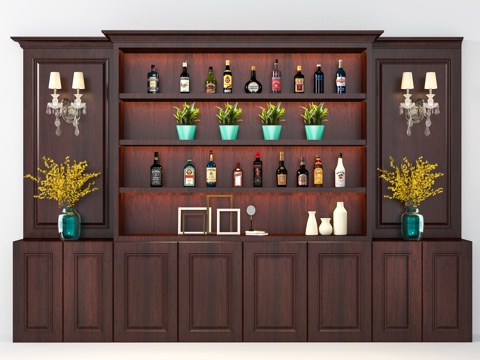  欧式简约酒柜 酒水 花瓶 摆件3d模型 