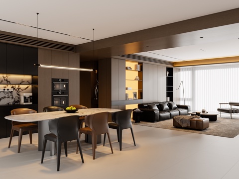  現(xiàn)代意式客餐廳 沙發(fā)茶幾 餐桌椅 吊燈 酒柜3d模型 