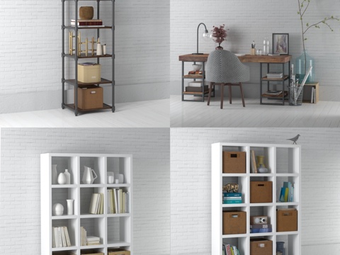  工业风书架书桌装饰柜组合3d模型 