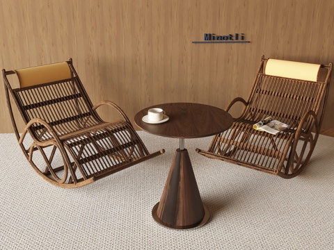  中古风躺椅摇椅 扶手休闲椅 实木茶几边几su模型 