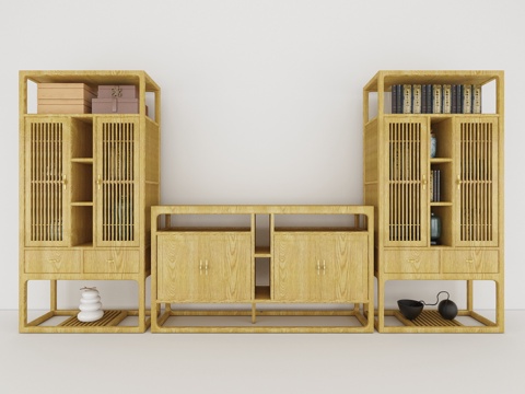  新中式装饰柜 组合柜子 书柜 边柜 摆件3d模型 