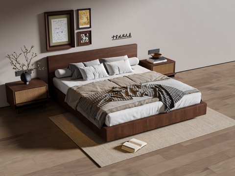 中古风双人床 实木双人床 床头柜 挂画 地毯3d模型