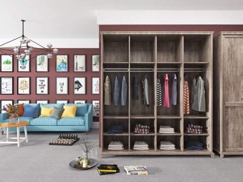  北欧衣柜沙发挂画陈设 沙发 茶几 衣柜 吊灯3d模型 