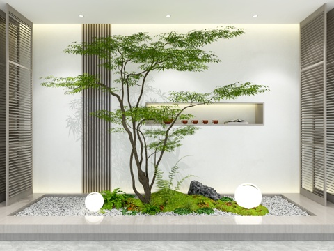  新中式室內(nèi)庭院景觀 庭院小品 別墅天井植物造景3d模型 