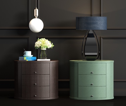  新中式实木皮革床头柜吊灯台灯饰品组合3d模型 