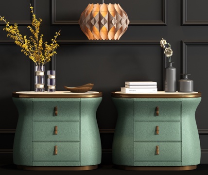  新中式皮革床头柜饰品吊灯组合3d模型 