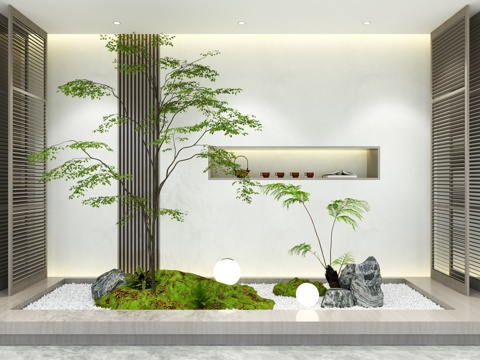  新中式室內(nèi)庭院景觀 庭院小品 別墅天井植物造景3d模型 