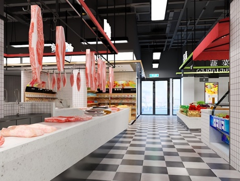  现代菜市场 牛肉铺档口 店铺3d模型 